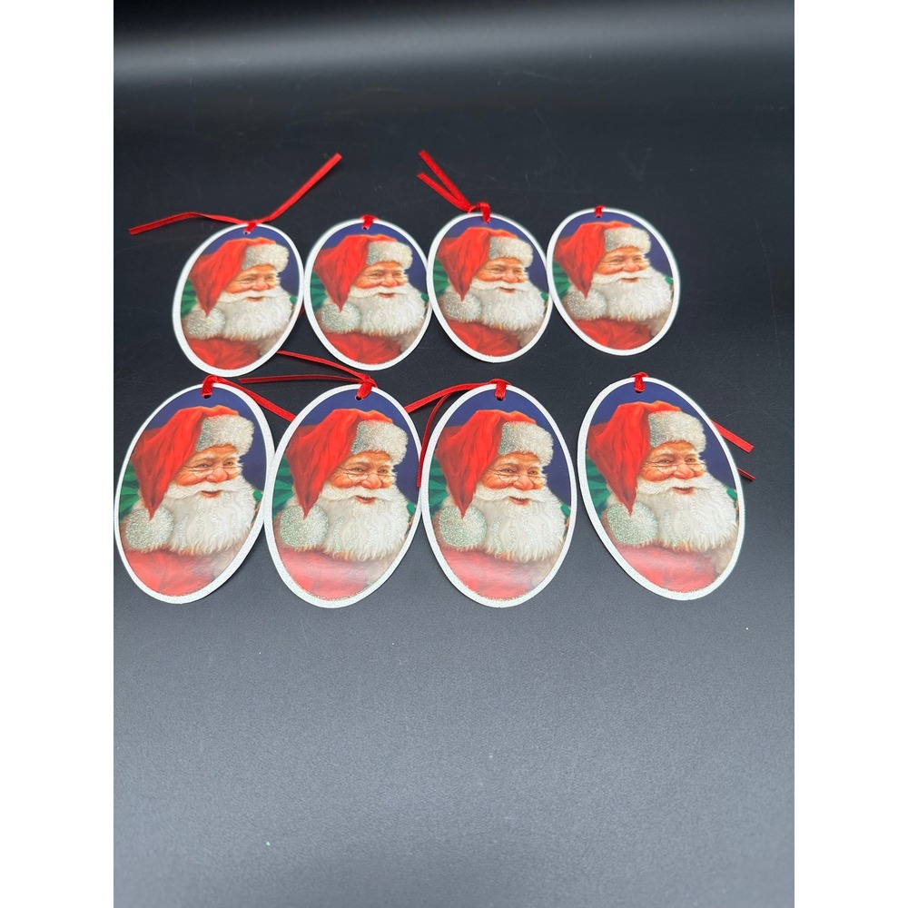 Vintage Santa Gift Tags Set of 8 Oval Paper Tags Red String‎ Christmas Holiday